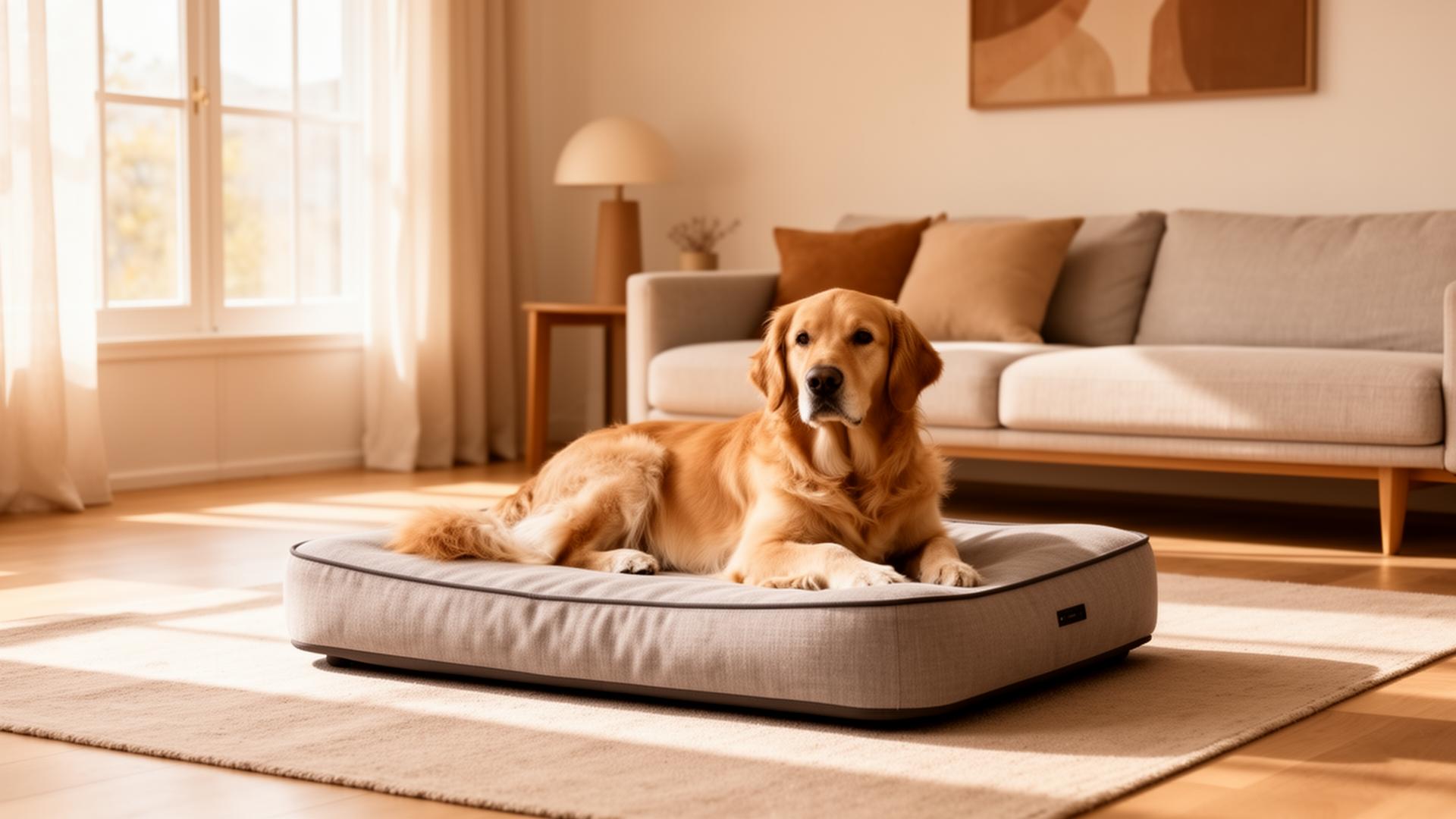 A golden dog resting on a pet bed in a sunlit home
